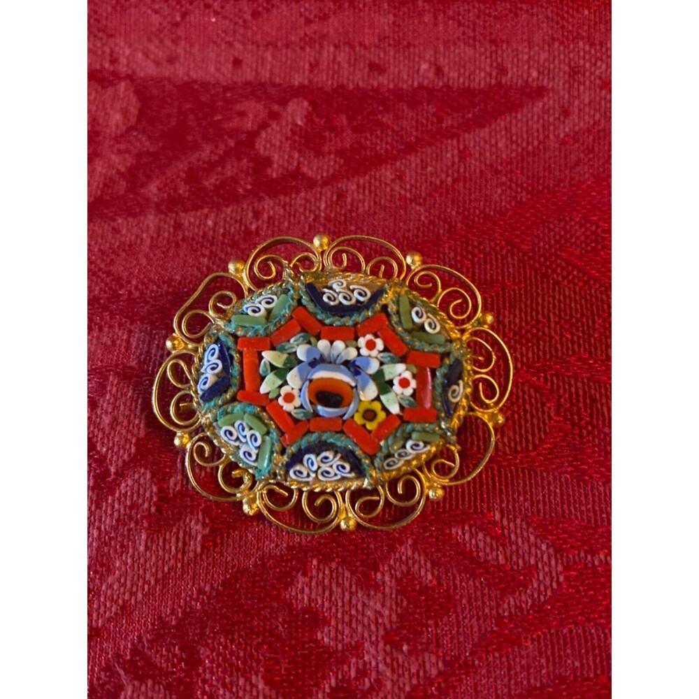 Vintage Micro Mosaic Blue White Floral Filigree Brooch ITALY Silver